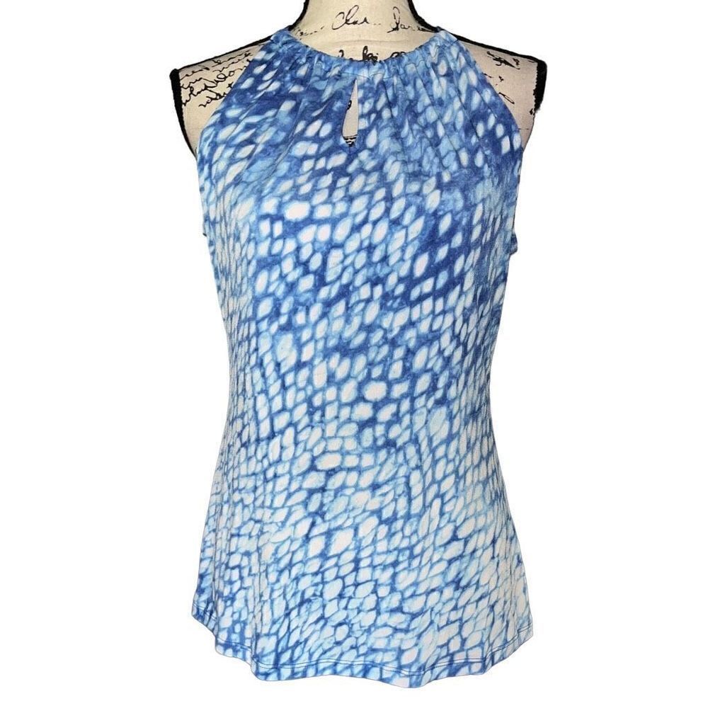 Davina Blue White Abstract Snakeskin‎ Print Halter Neck Keyhole Tank Top small